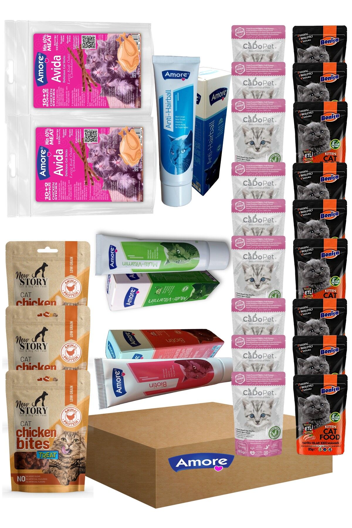 Amorecat Avida-kitten-treats-7 Yavru Kedi ödül Maması Paketi 18-punch,3-bites,24-sticks,3-malt