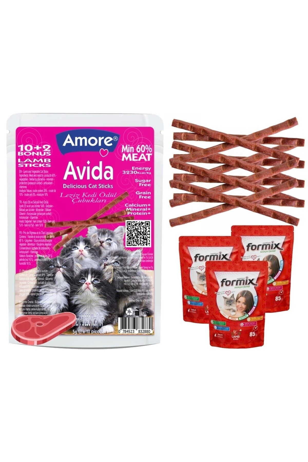 Amore Avida Kuzu Etli Kedi 12 Sticks Odul Cubuklari ve 3 Formix Lamb Punch