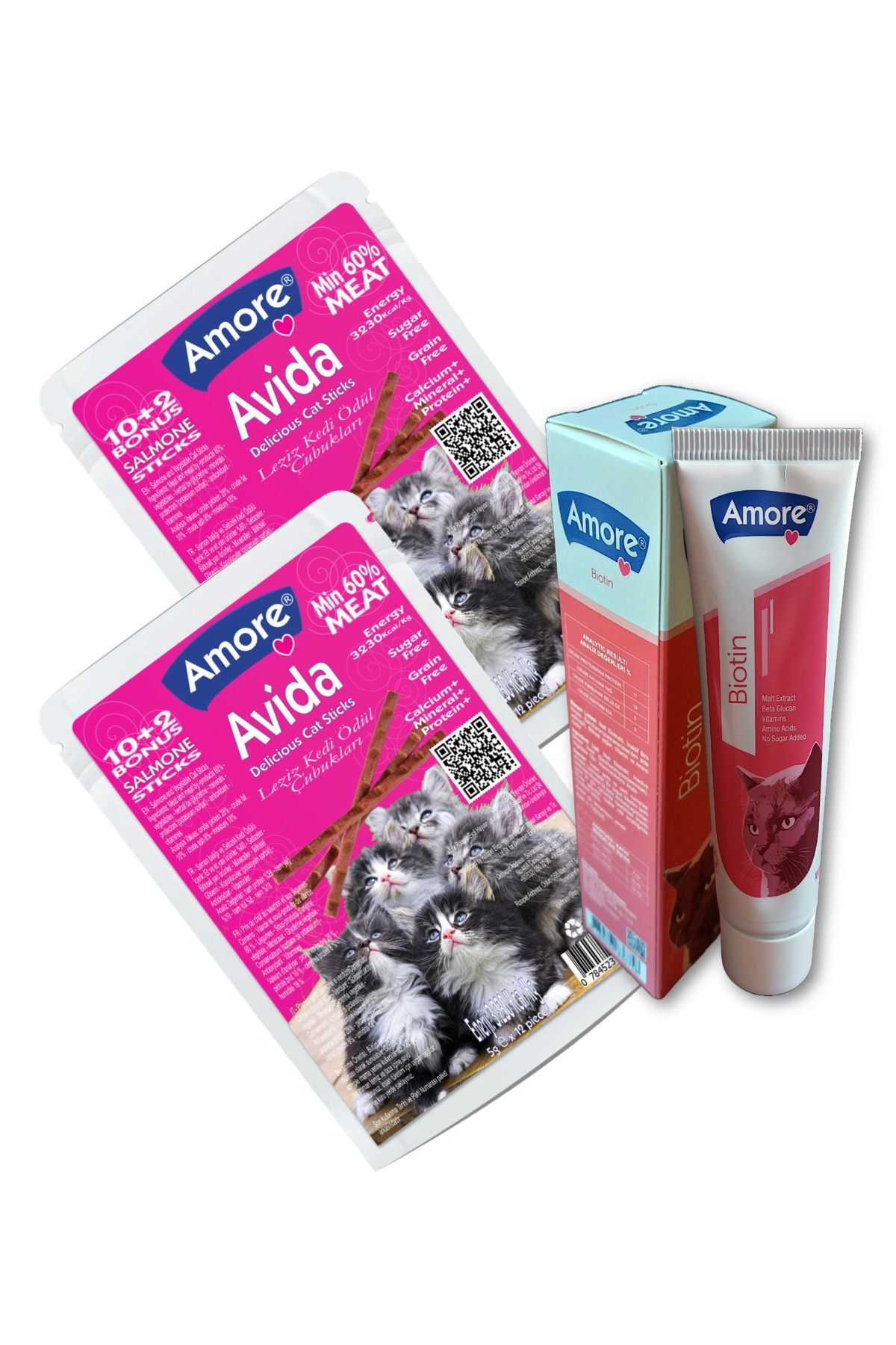 Amorecat Avida Salmon-cat-sticks Balıklı Kedi ödülü 2 Adet 12li, Tüy Sağlığı Için Biyotin Malt 100ml