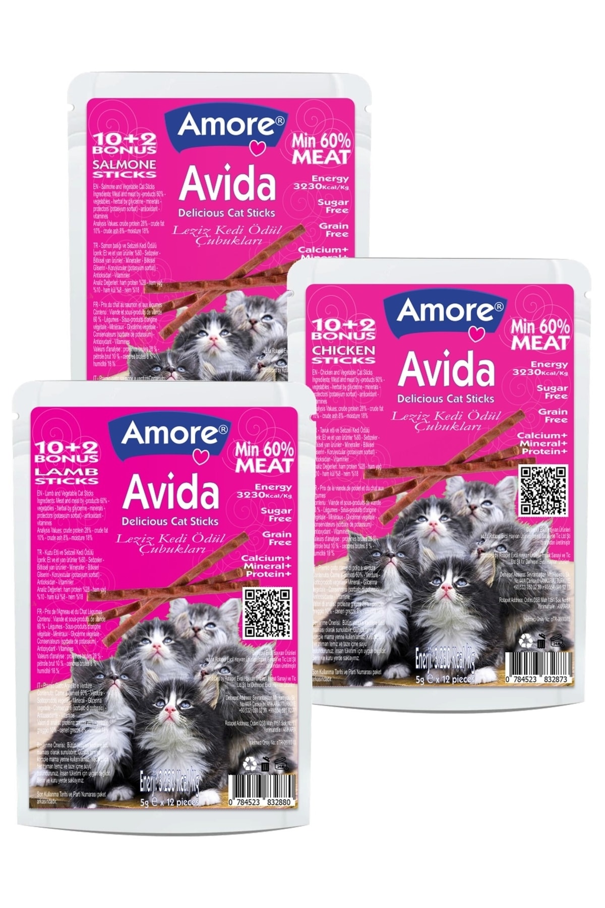 Amorecat Amore Avida Salmone-12, Chicken-12, Lamb-12 Cat Sticks Balikli, Tavuklu, Kuzulu Kedi Odulu