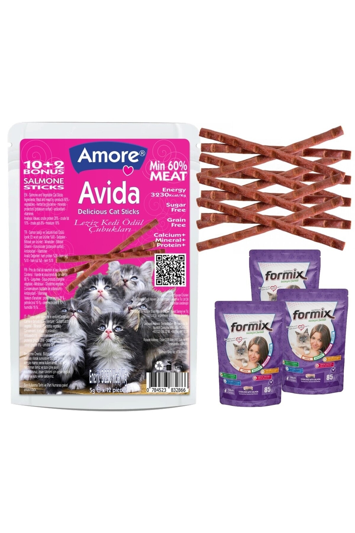 Amorecat Avida Somonlu Kedi 12 Sticks Odul Cubuklari Ve 3 Formix Steril Salmone Punch