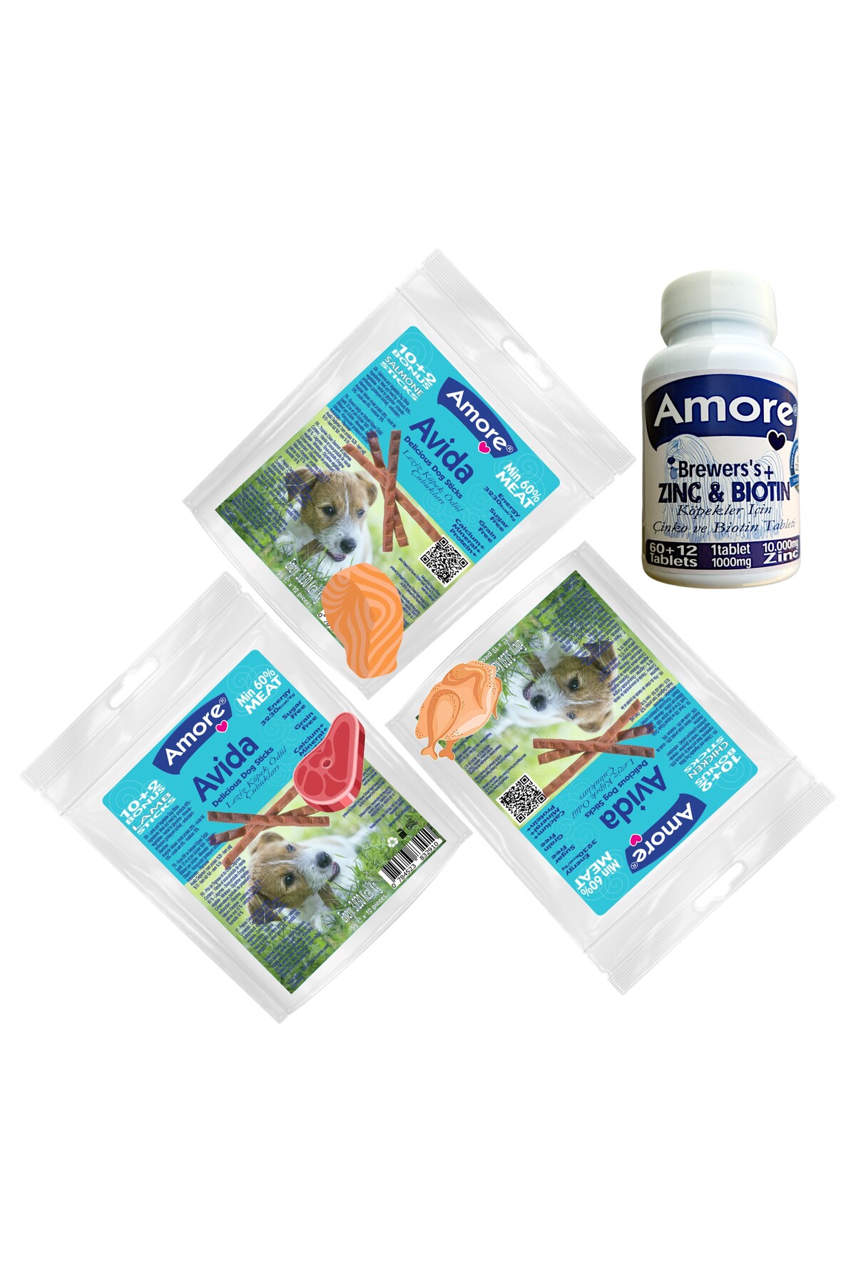 Amoredog Avida Trio 36 Mix Sticks Ve Amore Cinko Biyotin Tableti, Kopek Odul Mamasi, 72 Brewers Biotin Tabs