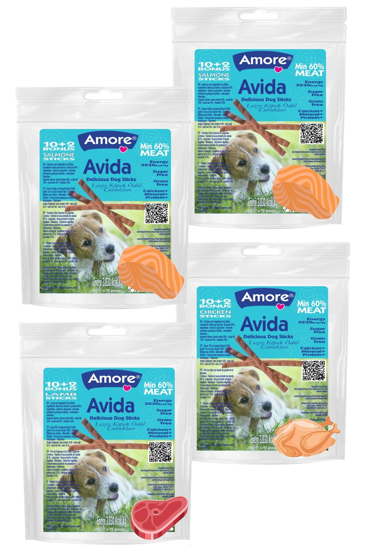 Amoredog Avida Trio 48 Mix Tahilsiz Kopek Odul Cubuk Sticks 12 X Kuzu Etli, 24 X Balik, 12 X Tavuk