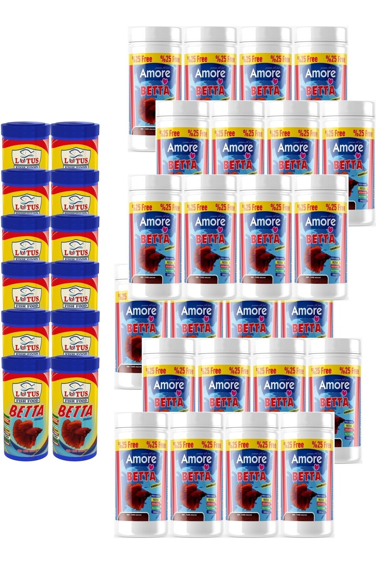 Amore Beta Baligi Yemi 24 X 125 Ml Ve 12 X 100 Ml Lotus Betta Balik Yemi Toptan