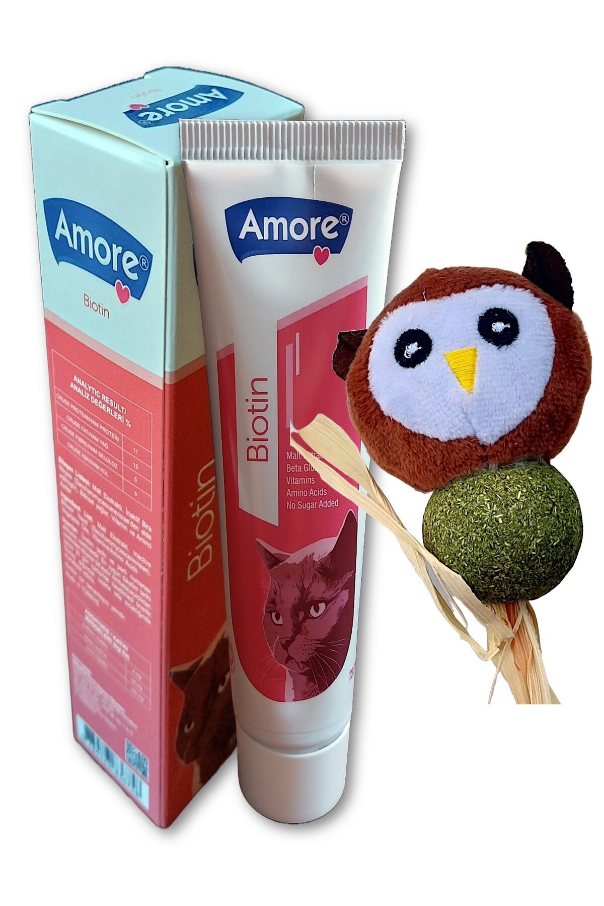 Amorecat Biotin Paste 100ml, Catnipli Yenilebilir Kedi Nanesi Otu Oyun Topu Bordo Baykuş