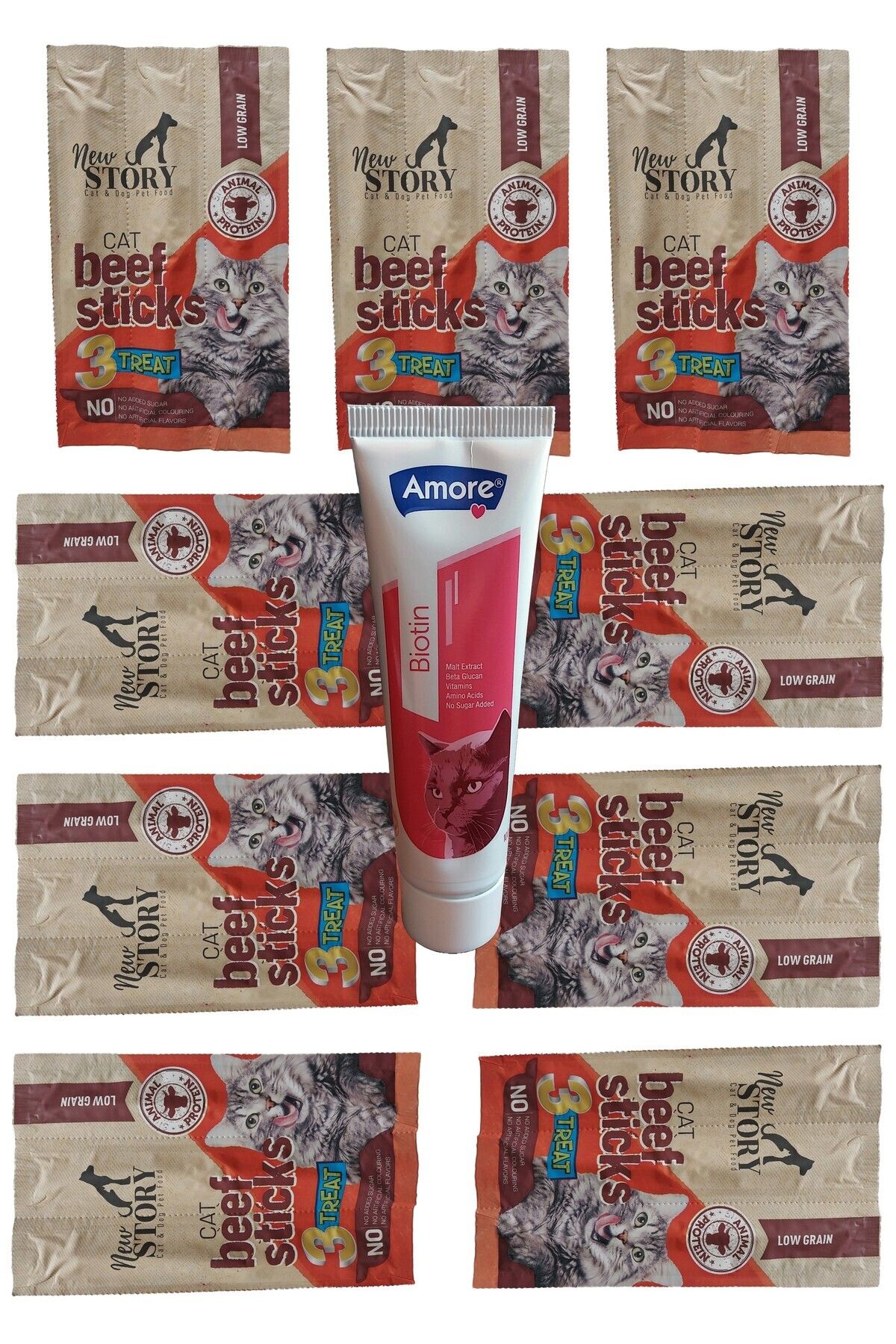 Amorecat Biotin Zinc Beta Glucan Malt Extract Paste 100 Ml, 9 Adet 3lü New Story Sığır Etli Kedi ödül çubuğu
