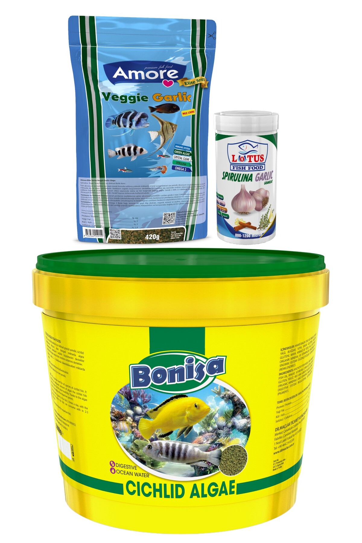 Bonisa Cichlid Algae 3 Kg Kova, Amore Veggie Garlic Pro 420gr, Lotus 100ml Spirulina Garlic Balik Yemi