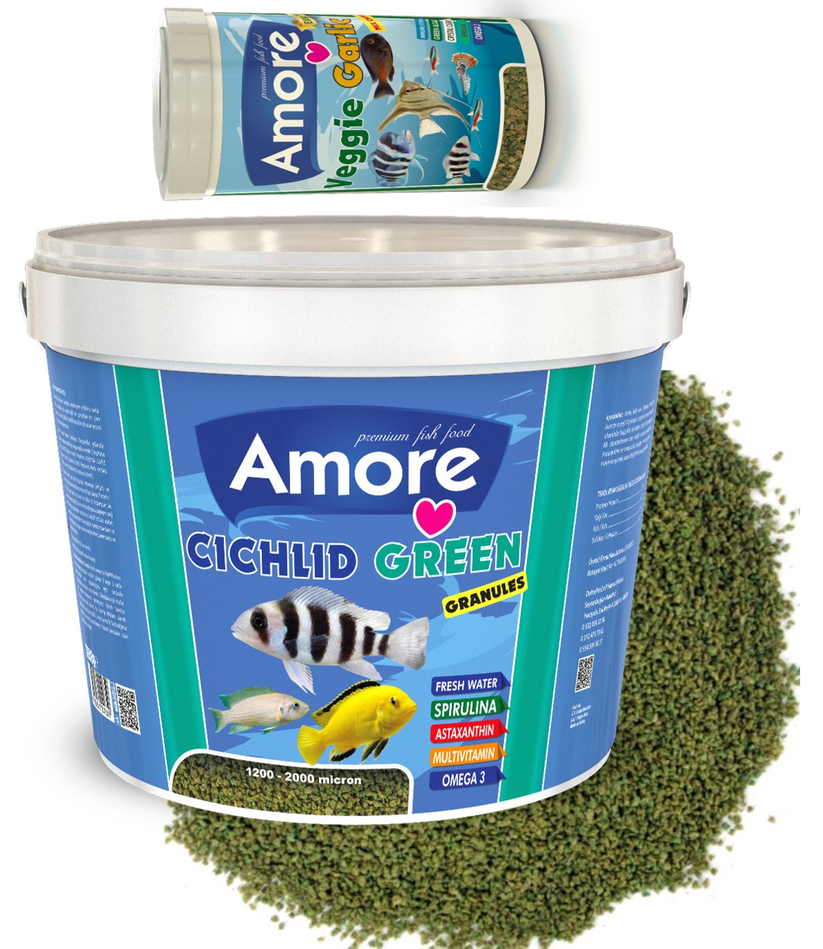 Amore Cichlid Green 3 Kg Kova + Amore Veggie Garlic Pro Chips 250ml Kutu Akvaryum Balık Yemi