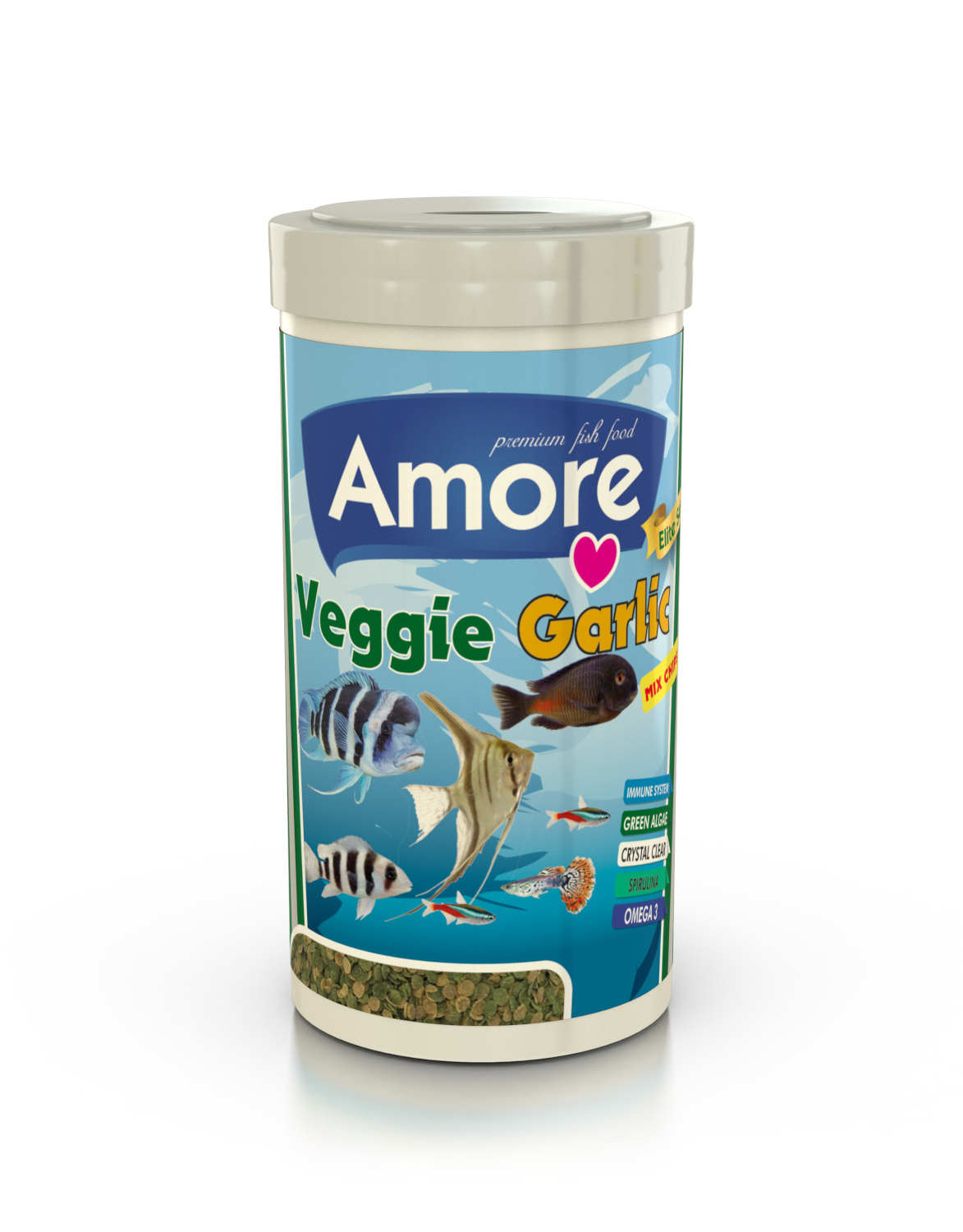 Amore Cichlid Green 3 Kg Kova + Amore Veggie Garlic Pro Chips 250ml Kutu Akvaryum Balık Yemi