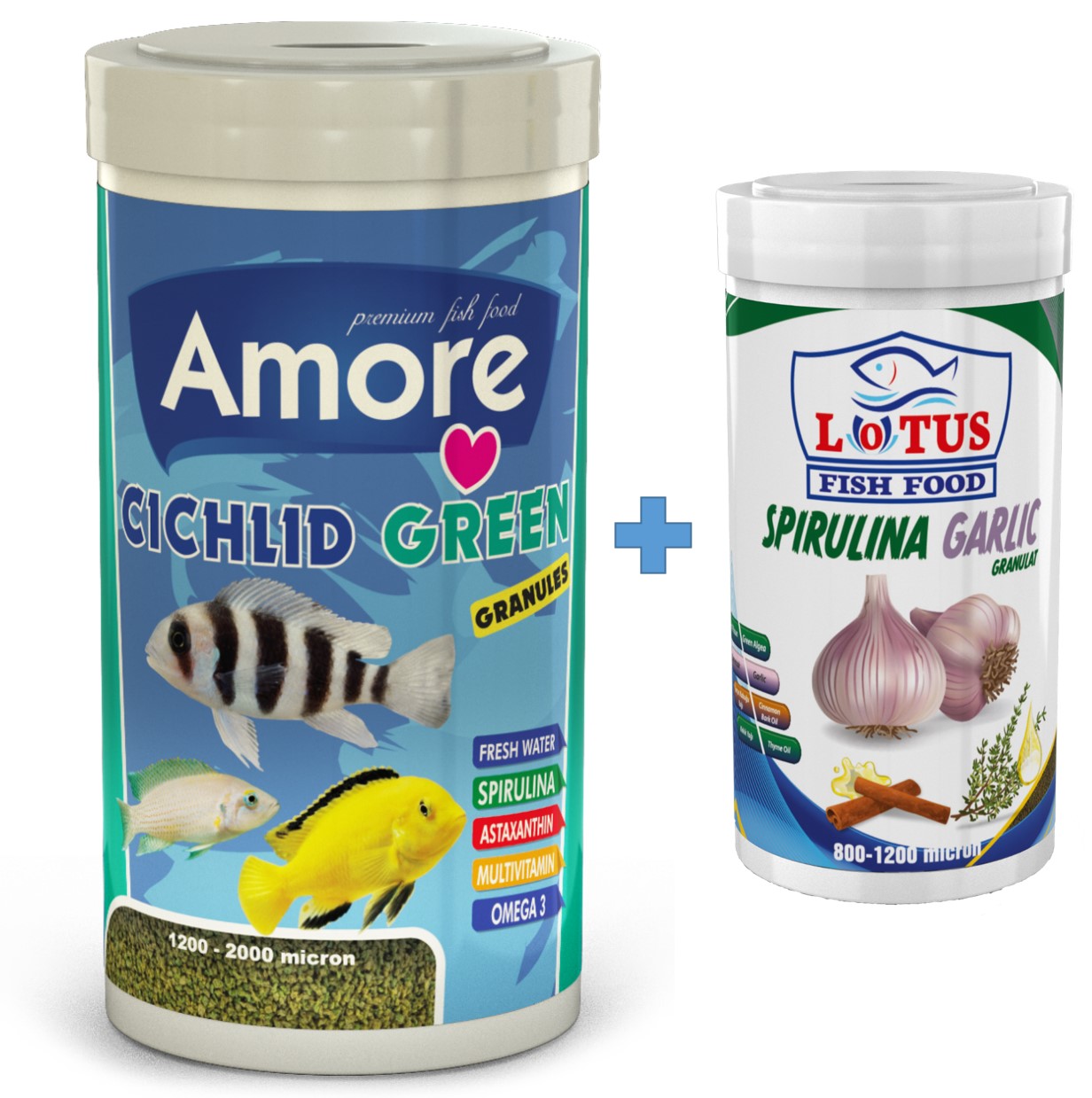 Amore Cichlid Green Granules 1L ve Spirulina Garlic 250ml Ciklet Balık Yemi