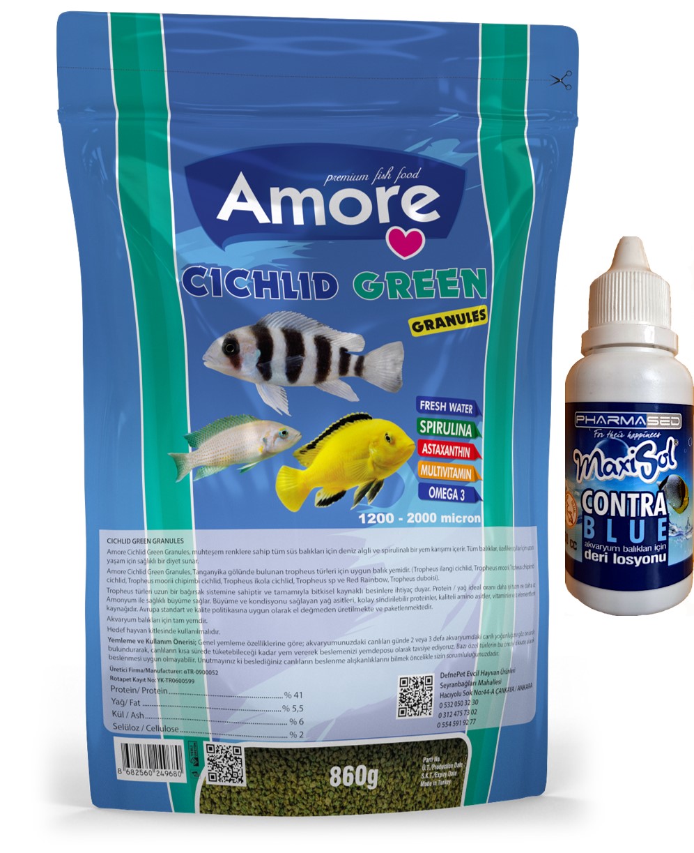 Amore Cichlid Green Granules 860gr Easy-doypack Green Algae Spirulina Akvaryum Balık Yemi Ve Contra Blue