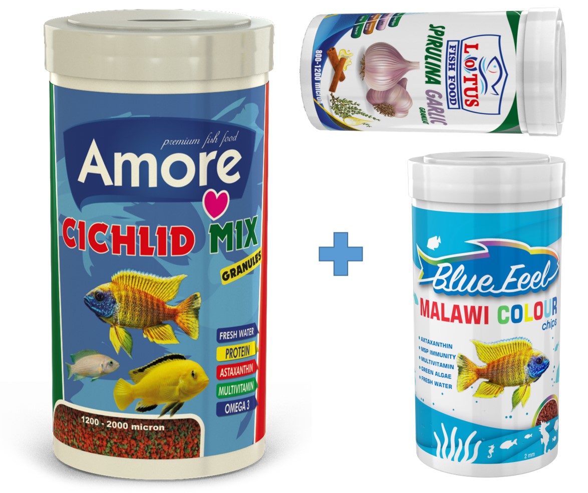 Amore Cichlid Mix 1000ml + Bluefeel Malawi Colour 250ml + Lotus Spirulina Garlic 100ml Kutu
