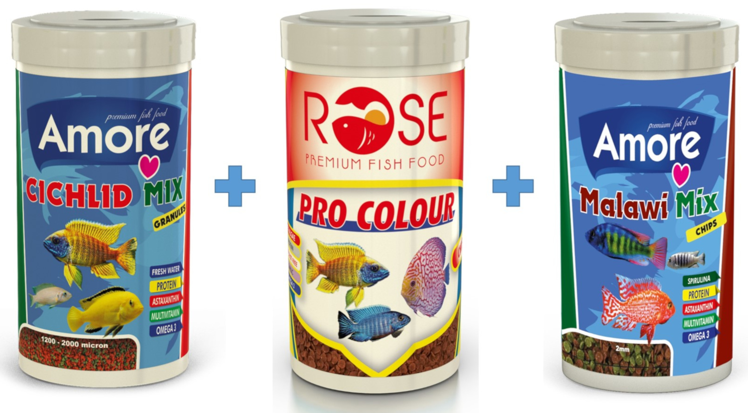 Amore Amore Cichlid Mix 250ml + Rose Pro Colour 250ml + Amore Malawi Mix 250 Ml Kutu Ciklet Balık Yemi