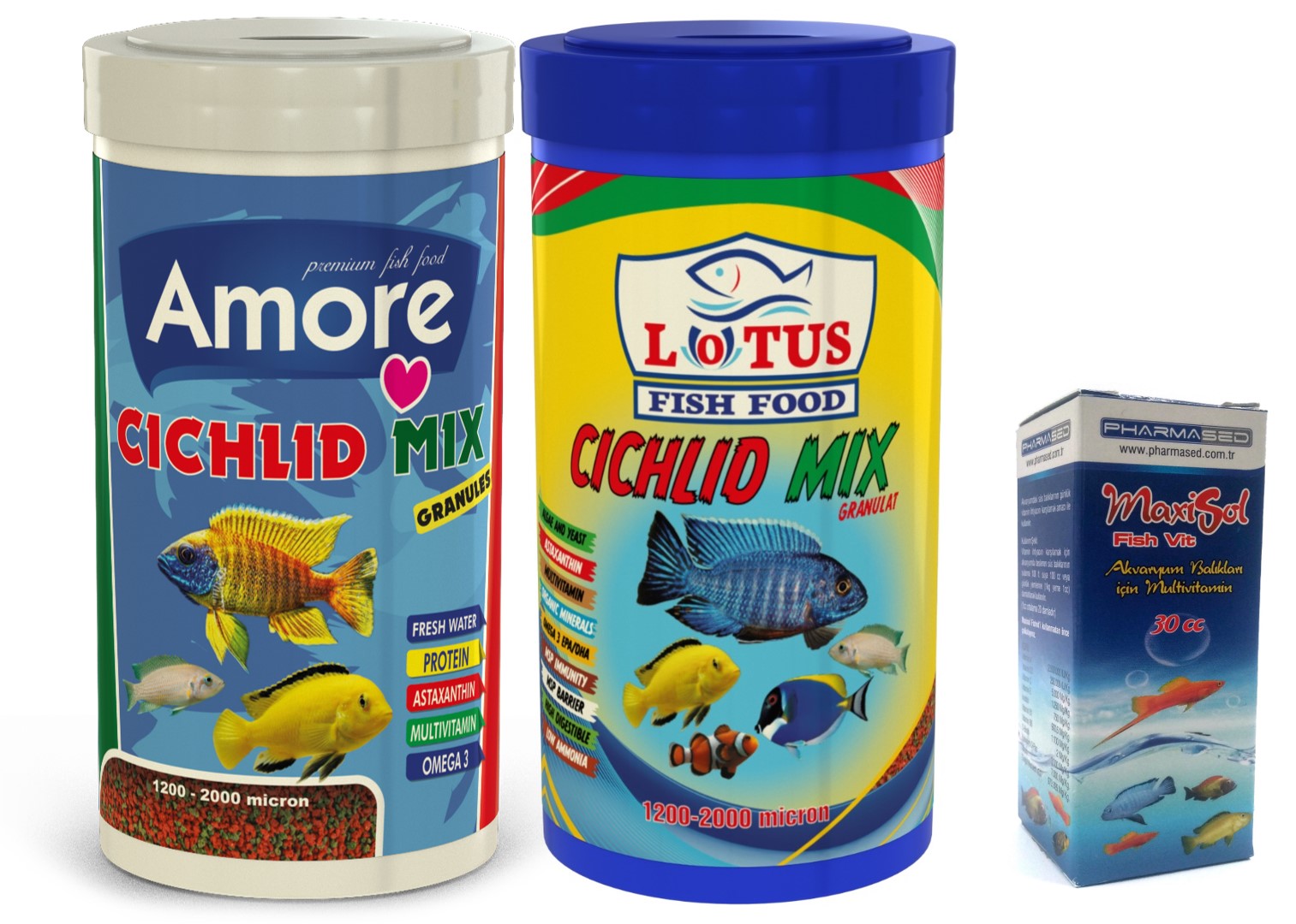 Lotus Cichlid Mix 2x1000ml Kutu Kırmızı Yeşil Alg Ve Spirulina Karışık Granül Balık Yemi Ve Fishvit