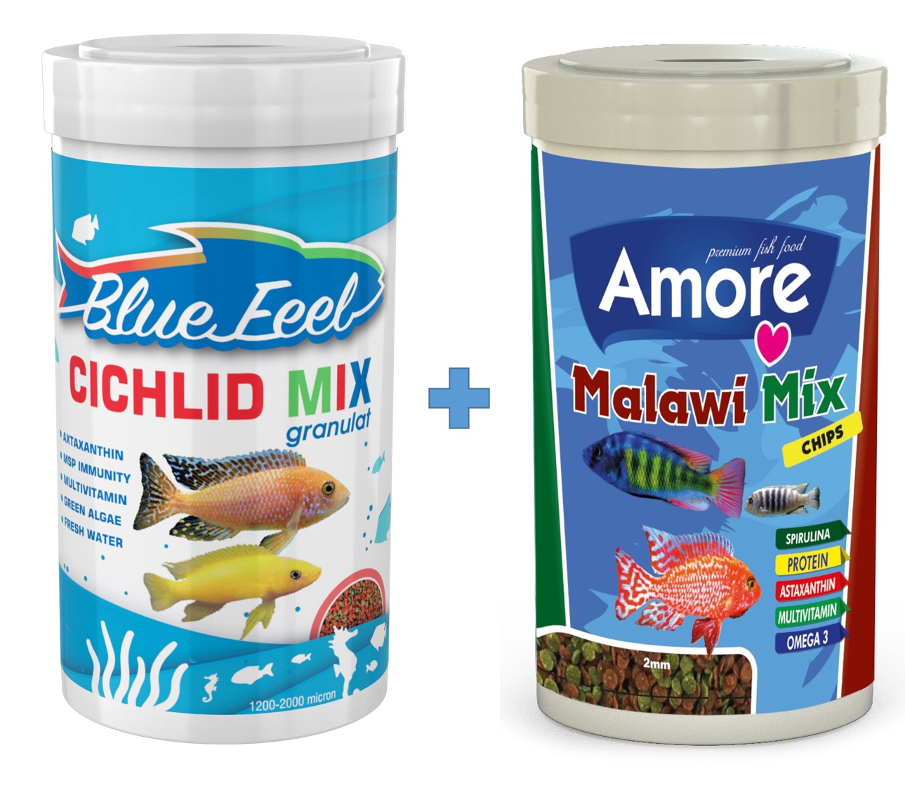 Malawi Mix 1000ml ve Blue Feel Cichlid Mix Granulat 1000ml Kutu Balık Yemi fotograf