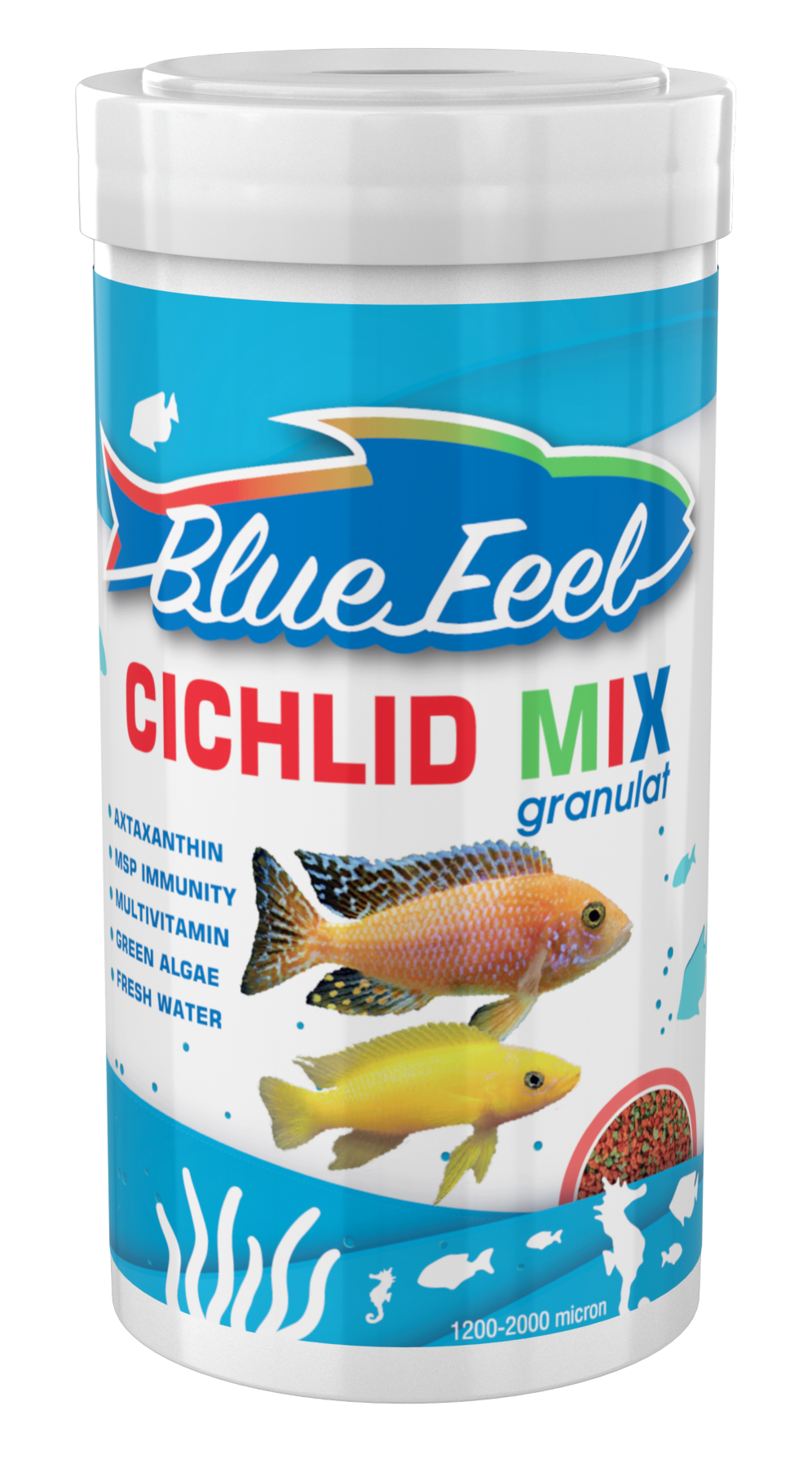 Amore Malawi Mix 1000ml ve Blue Feel Cichlid Mix Granulat 1000ml Kutu Balık Yemi