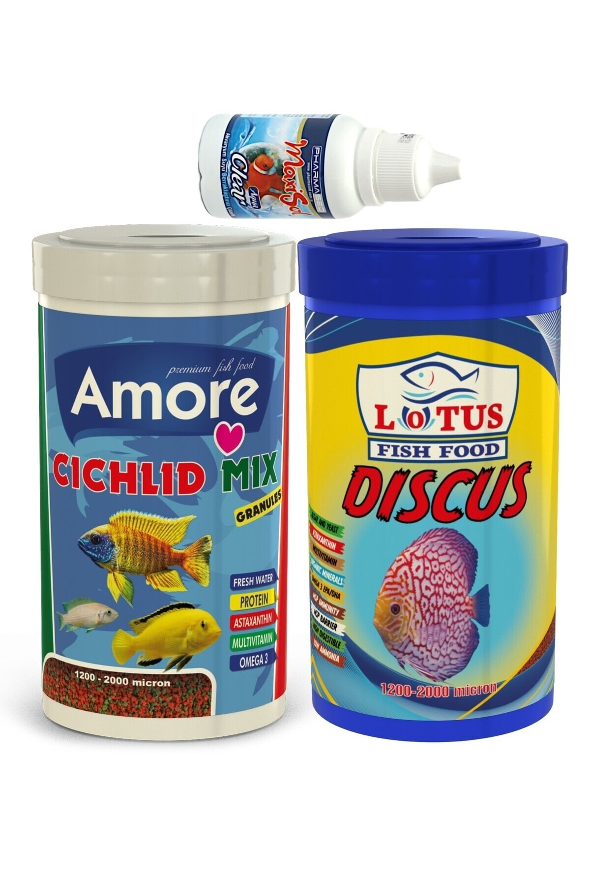 Cichlid Mix Granules 1 Lt, Lotus Discus Granulat 1 Lt Kutu Balik Yemi ve Clear Su Duzenleyici