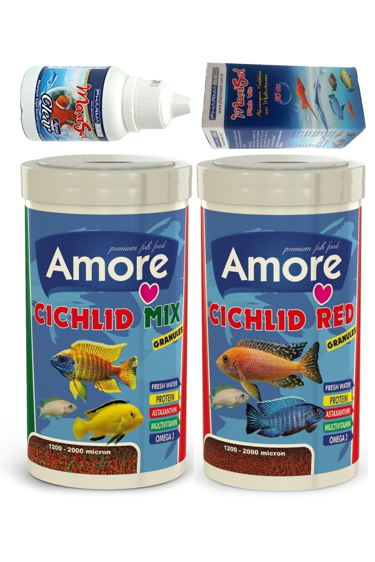 Cichlid Mix Granules 1 Lt, Ciklet Red Granulat 1 Lt Kutu Balik Yemi ve Vitamin, Clear Su Duzenleyici