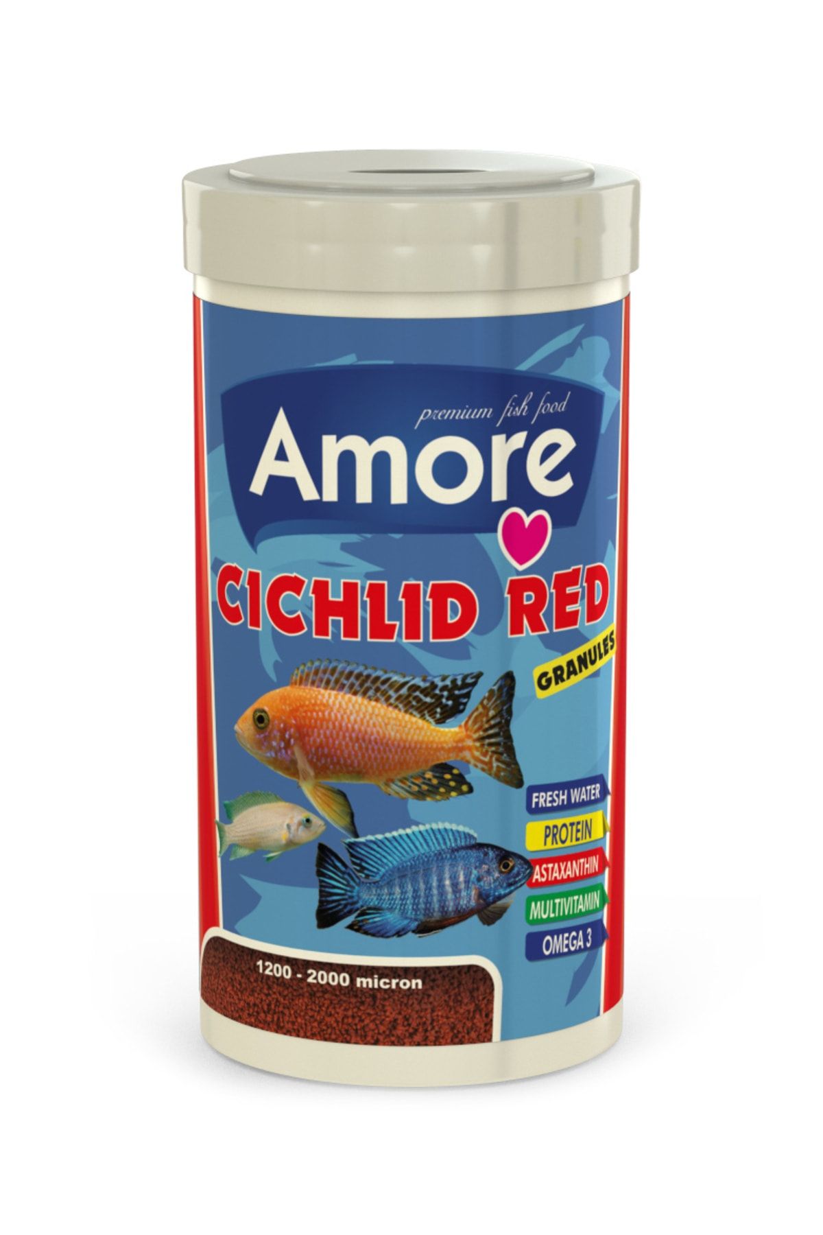 Amore Cichlid Mix Granules 1 Lt, Ciklet Red Granulat 1 Lt Kutu Balik Yemi ve Vitamin, Clear Su Duzenleyici