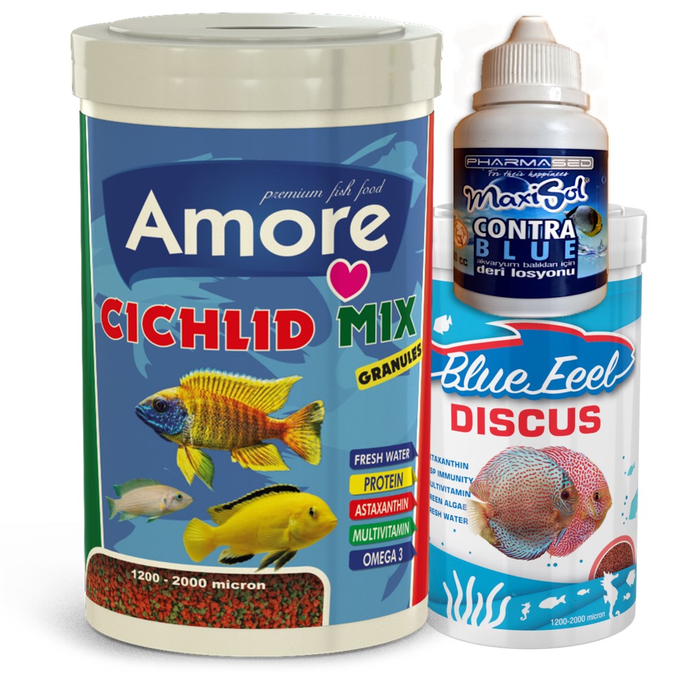 Amore Cichlid Mix Granules 1000 Ve 250ml Discus Granül Msp ımmunity Ciklet Malawi Balık Yemi Blue Feel