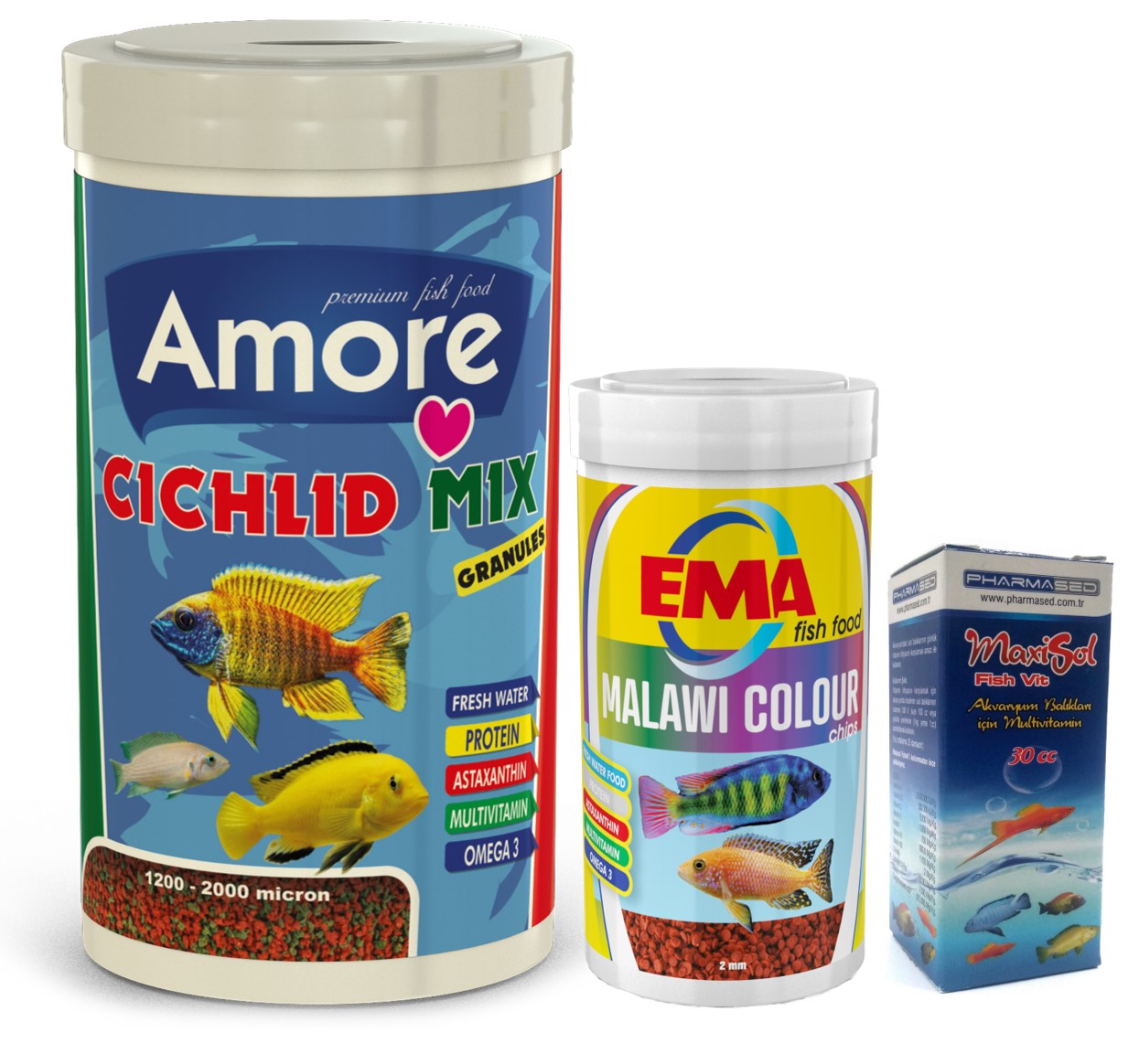 Amore Cichlid Mix Granules 1000 ve 250ml Malawi Ciklet Color Renklendirme Balık Yemi Vitamin Seti Ema