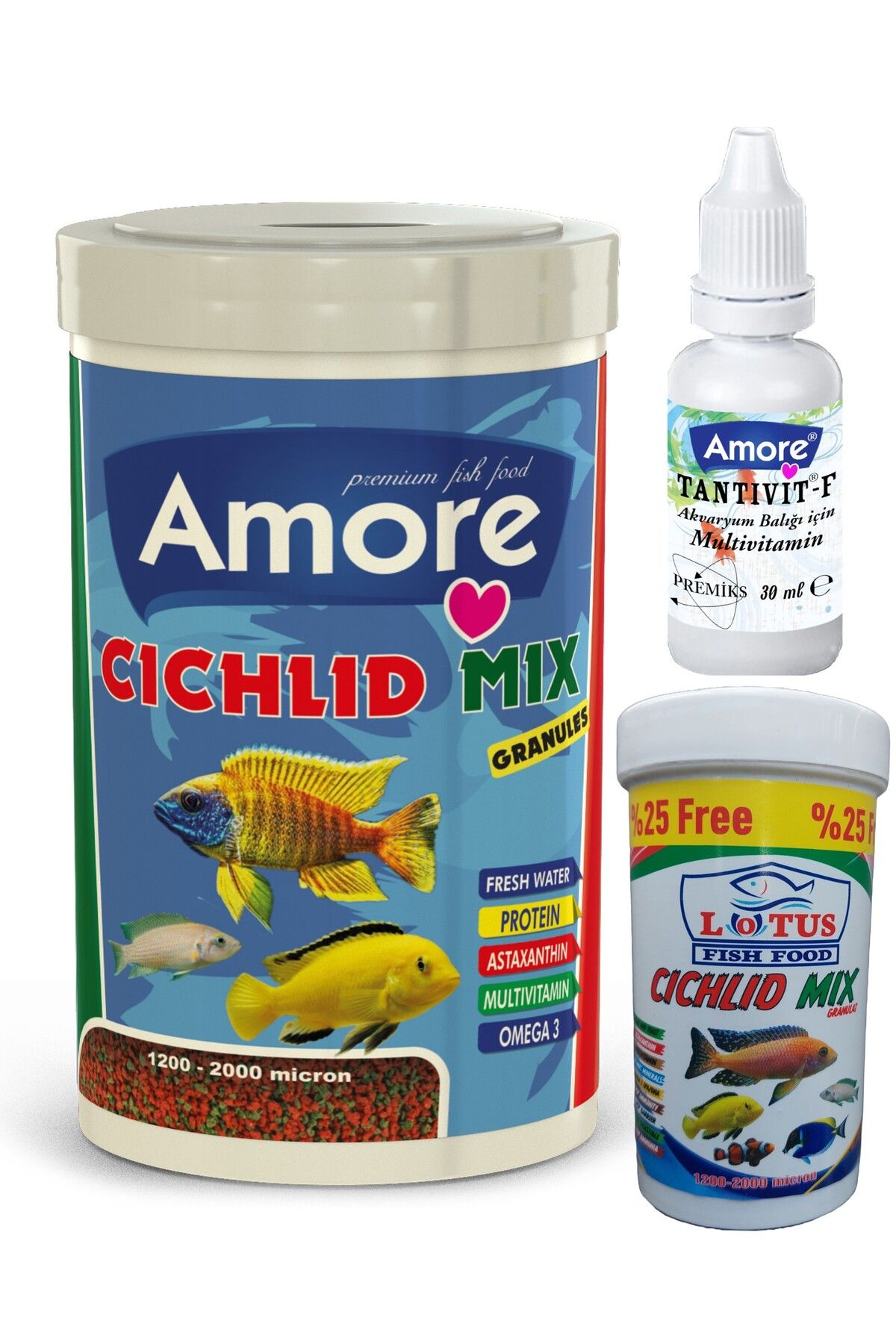 Cichlid Mix Granules 1000ml Karışık, Lotus 125ml Yunus Sarı Prenses Malawi Balık Yemi, Multivitamin