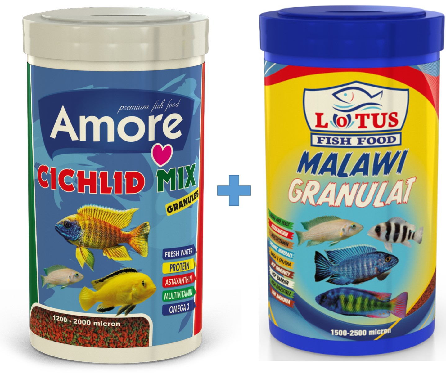 Amore Cichlid Mix Granules 1000ml ve Lotus Malawi Granulat 1000ml Kutu Balık Yemi