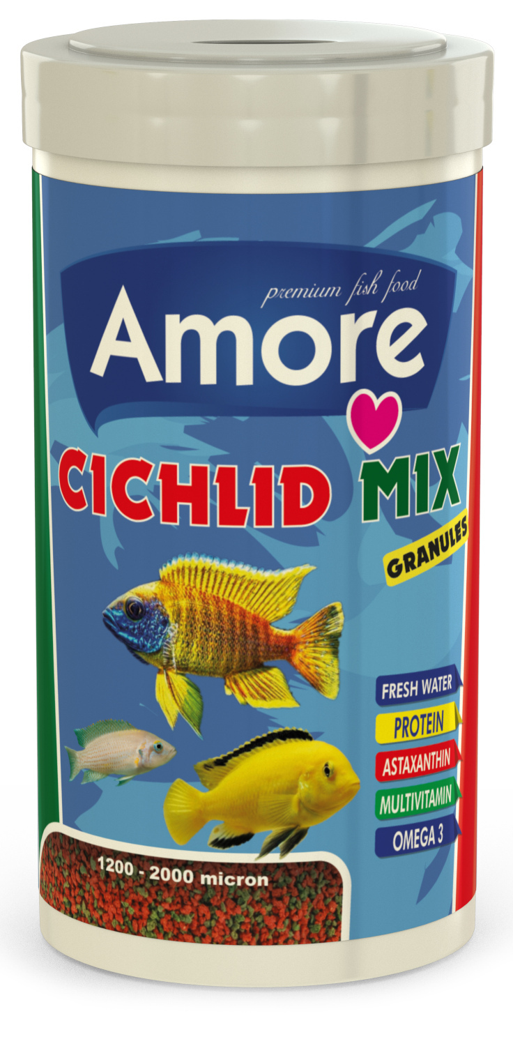 Amore Cichlid Mix Granules 1000ml ve Lotus Malawi Granulat 1000ml Kutu Balık Yemi