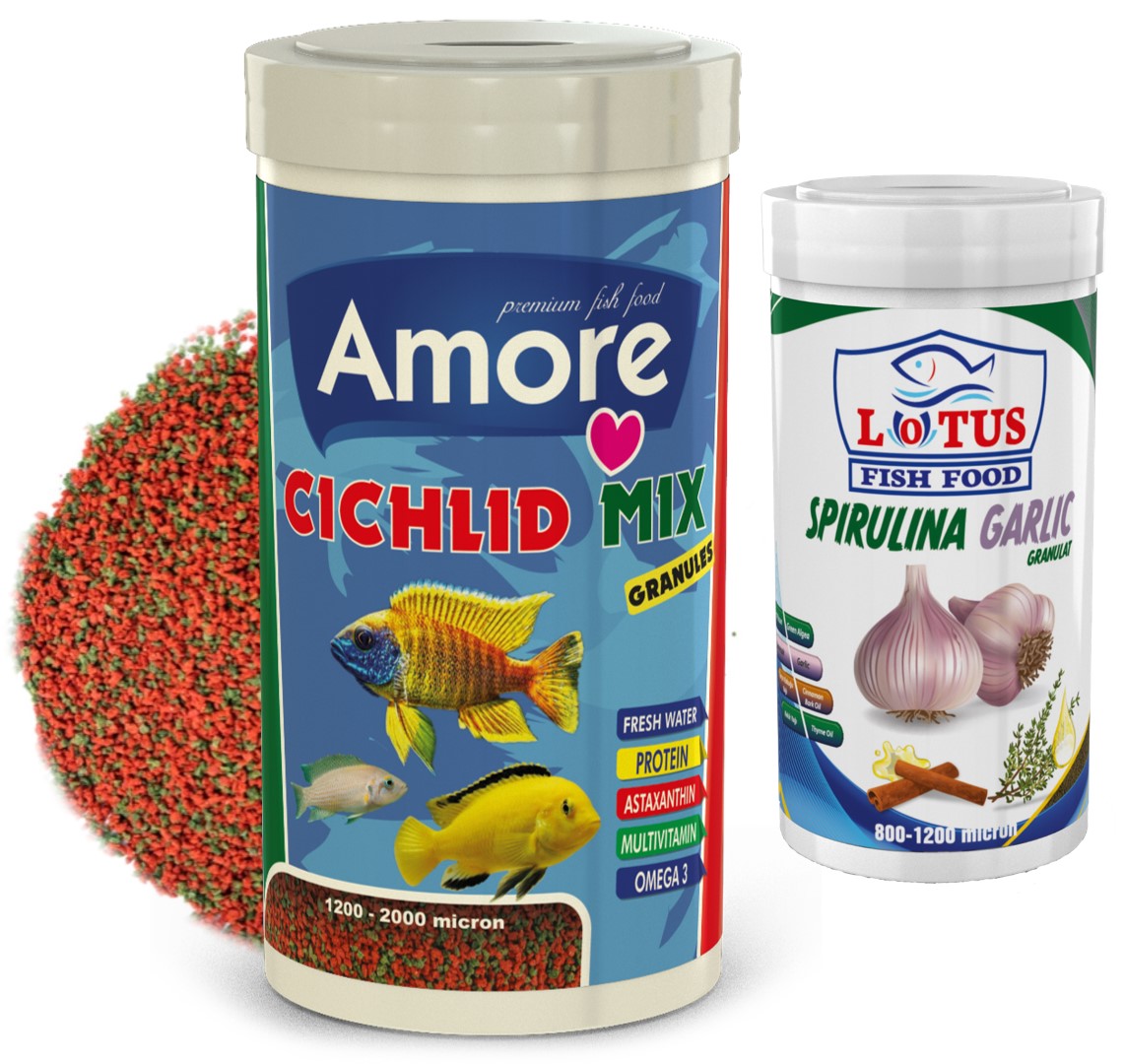 Amore Cichlid Mix Granules 1000ml Ve Lotus Spirulina Garlic 250ml Balık Yemi