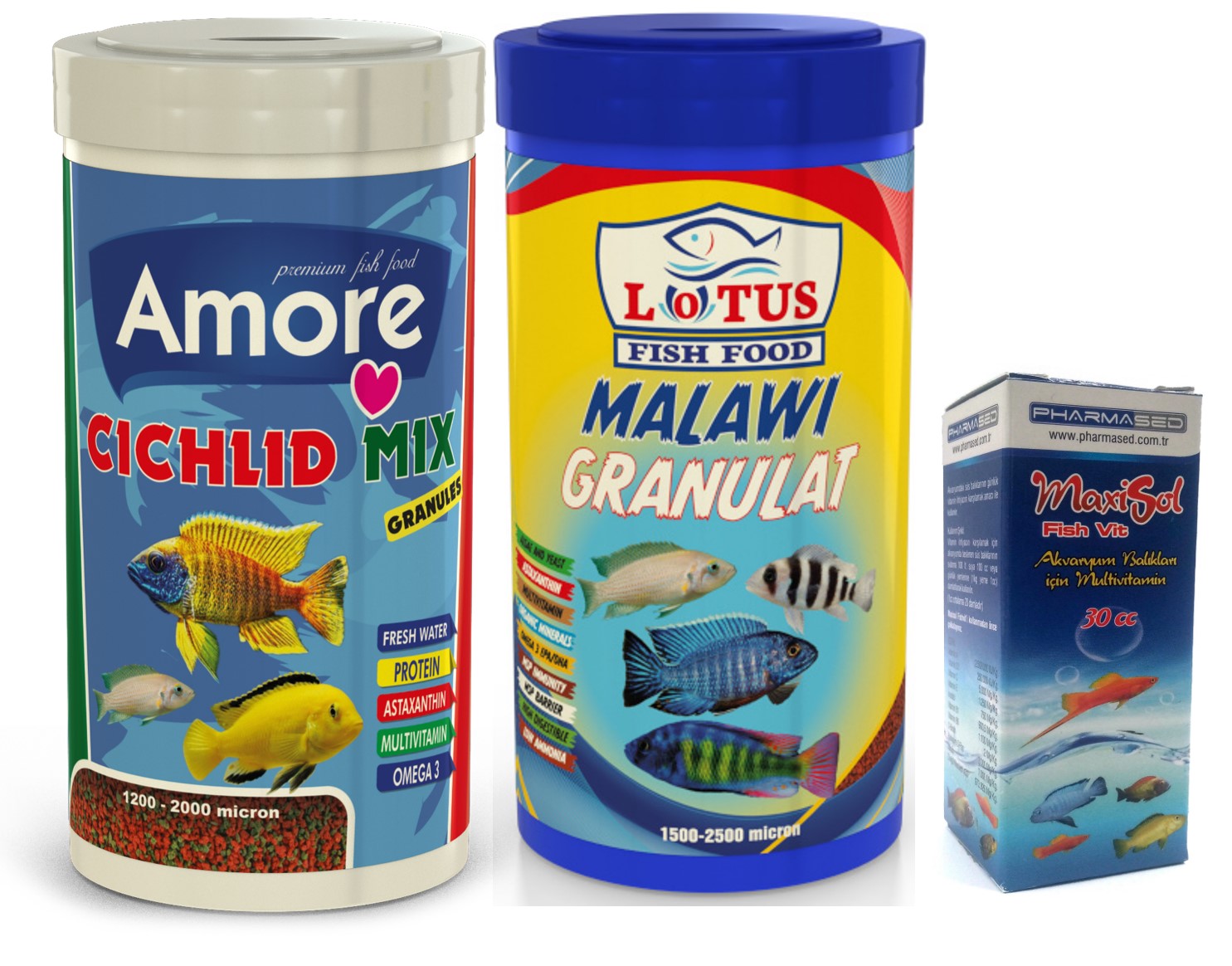 Amore Cichlid Mix Granules 250ml ve Malawi Granulat 250ml Kutu ve Vitamin