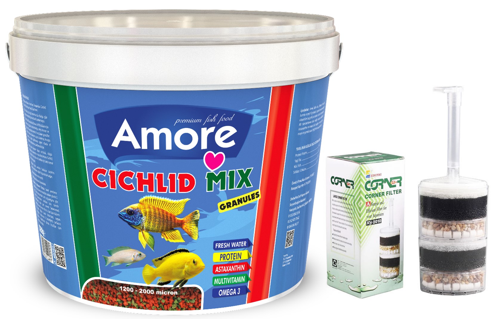 Amore Cichlid Mix Granules 3kg Kova Balık Yemi Ve Xy-2010 Köşe Filtre