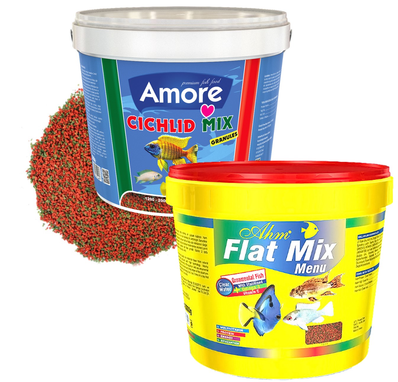 Cichlid Mix Granules ve Flat Mix Menu Kova Etçil Ciklet Protein Bitkisel Balık Yemi 3+3 Kg AHM