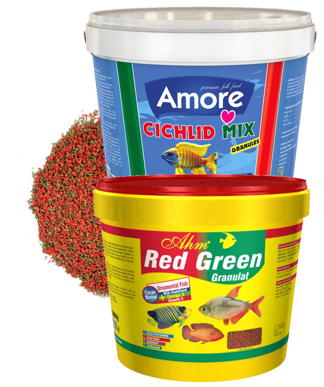 Amore Cichlid Mix Granules ve Red Green 3+3 Kg Etçil Ciklet Protein ve Bitkisel Algae Kova Balık Yemi AHM