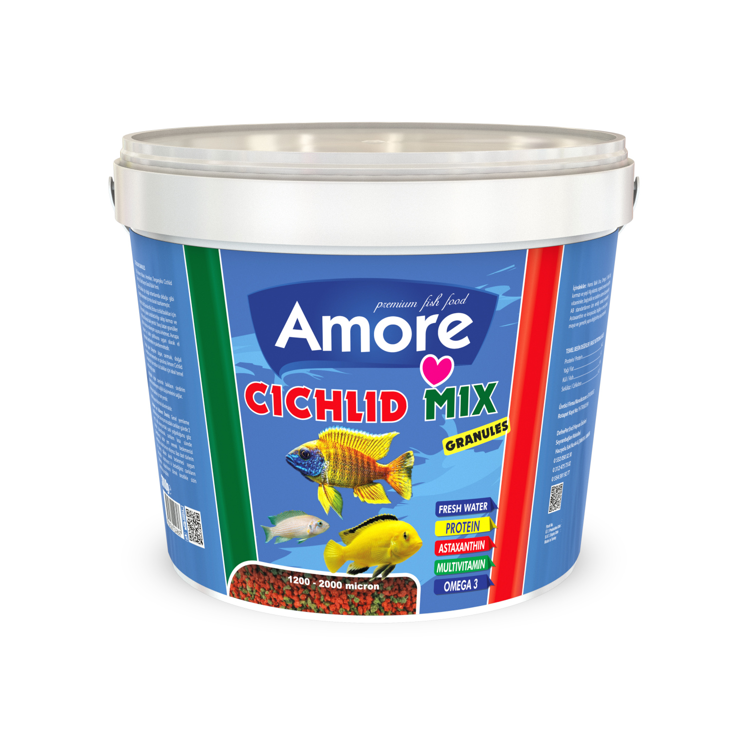 Amore Cichlid Mix Granules ve Red Green 3+3 Kg Etçil Ciklet Protein ve Bitkisel Algae Kova Balık Yemi AHM