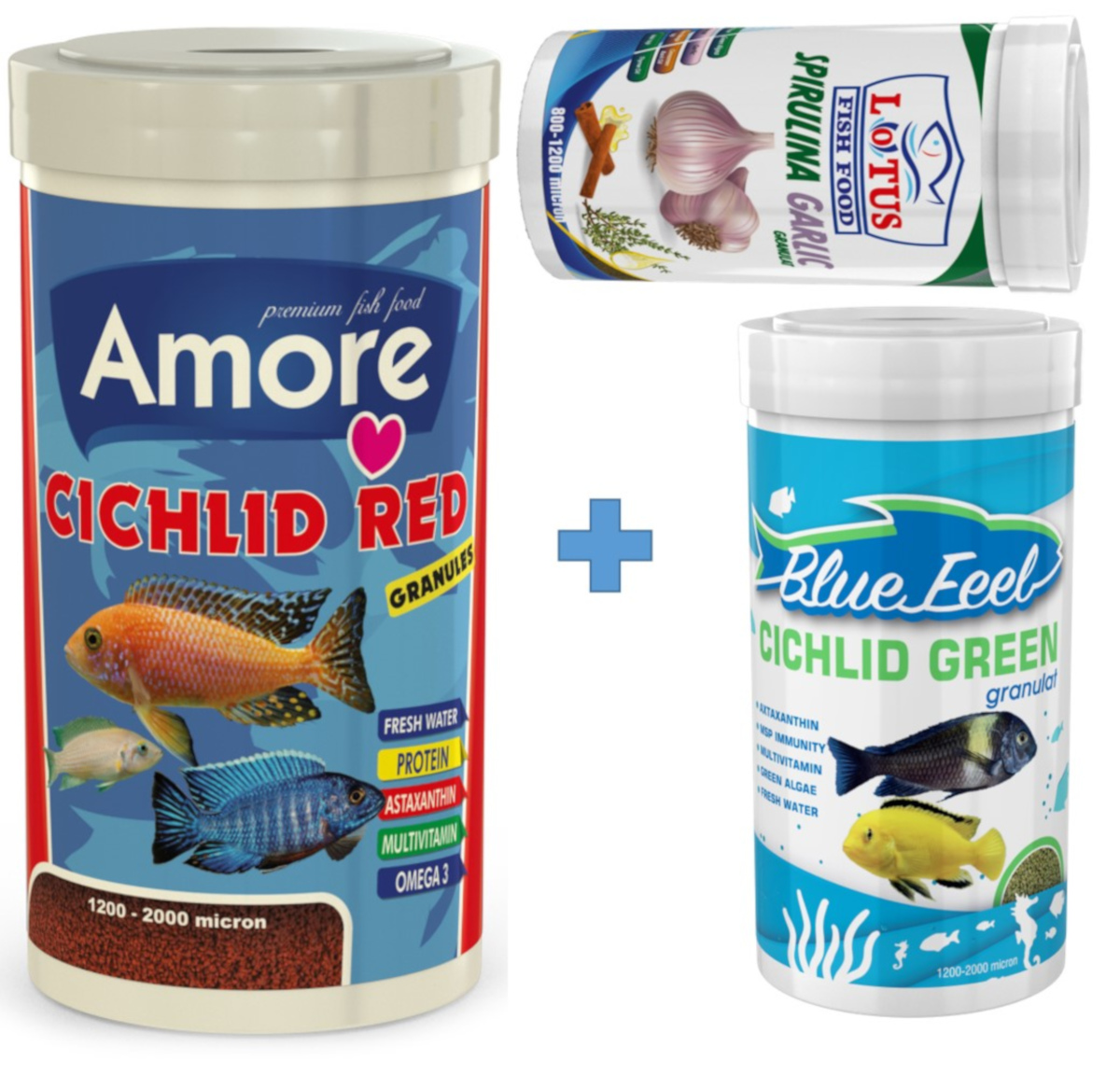 Amore Cichlid Red 1000ml + Bluefeel Green 250ml + Lotus Spirulina Garlic 100ml Kutu