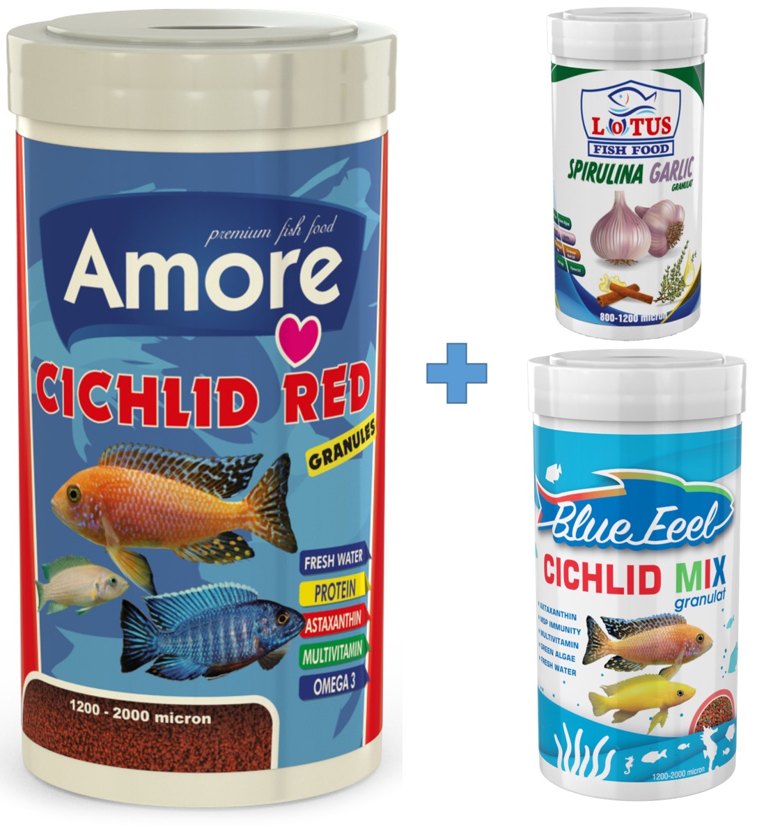 Amore Cichlid Red Granules 1000ml + Bluefeel Mix 250ml + Lotus Spirulina Garlic 100ml Kutu