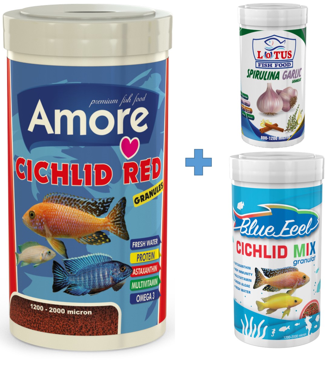 Amore Cichlid Red Granules 1000ml + BlueFeel Mix 250ml + Lotus Spirulina Garlic 100ml Kutu