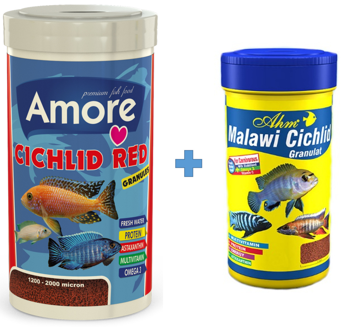 Amore Cichlid Red 1000ml ve Malawi Granulat 250ml Yunus Sarı Prenses Ahli Balık Yemi