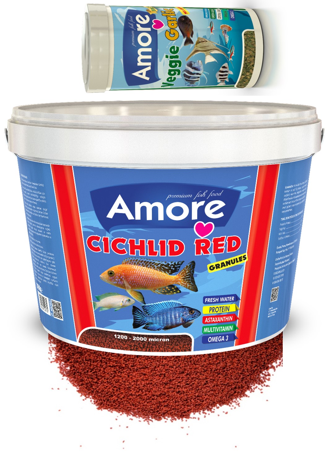 Amore Cichlid Red 3 Kg Kova + Amore Veggie Garlic Pro Chips 250ml Kutu Akvaryum Balık Yemi