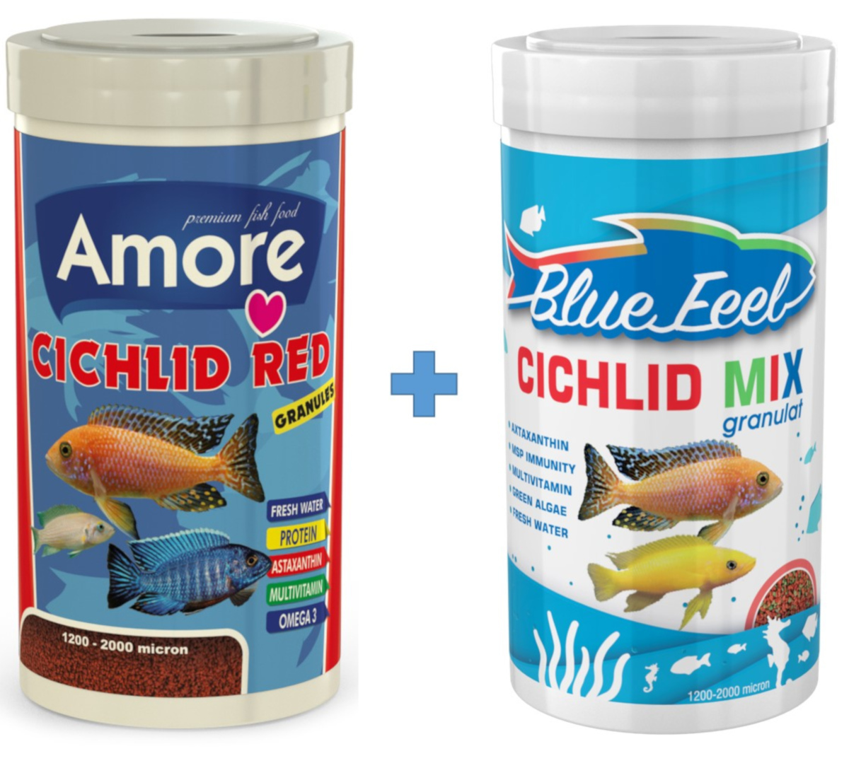 Amore Cichlid Red Granules 1000ml + Blue Feel Cichlid Mix Granulat 1000ml Kutu