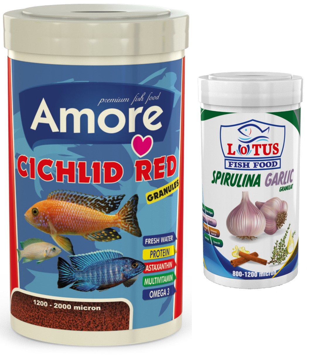 Amore Cichlid Red Granules 1000ml + Lotus Spirulina Garlic 250ml Kutu Balık Yemi