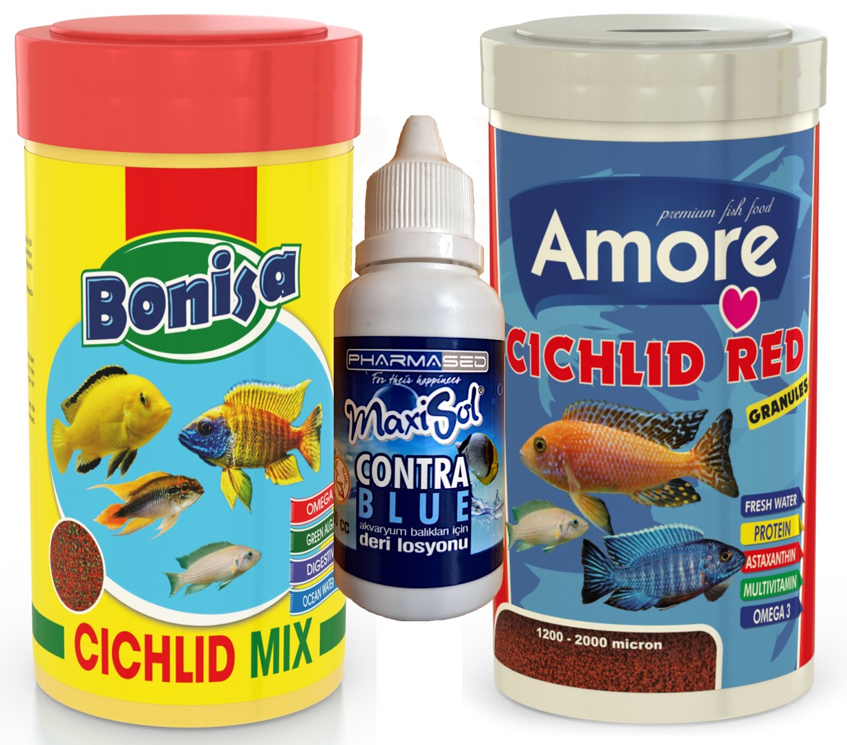 Amore Cichlid Red Granules 250ml Kutu ve Bonisa Cichlid Mix 250ml ve Su Düzenleyici