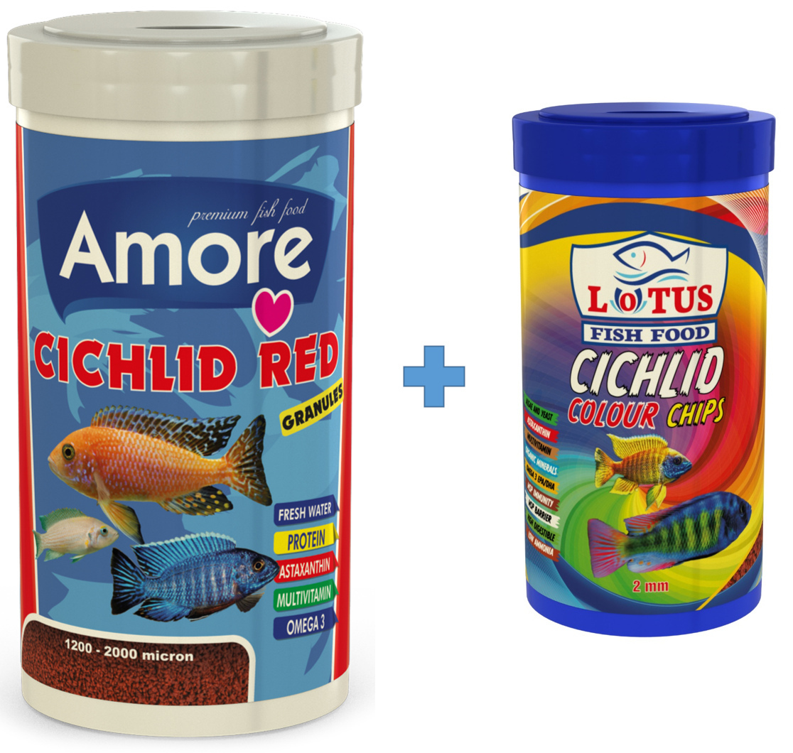 Amore Cichlid Red Granules 1000 Ml Ve Lotus Ciklet Colour Chips 250 Ml Akvaryum Balık Yemi