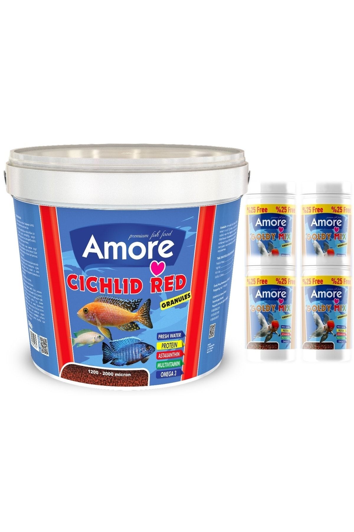 Amore Cichlid Red Granules Kova 3 Kg Akvaryum Balik Yemi Ve 4x125ml Gold Mix Japon Baligi Yemi