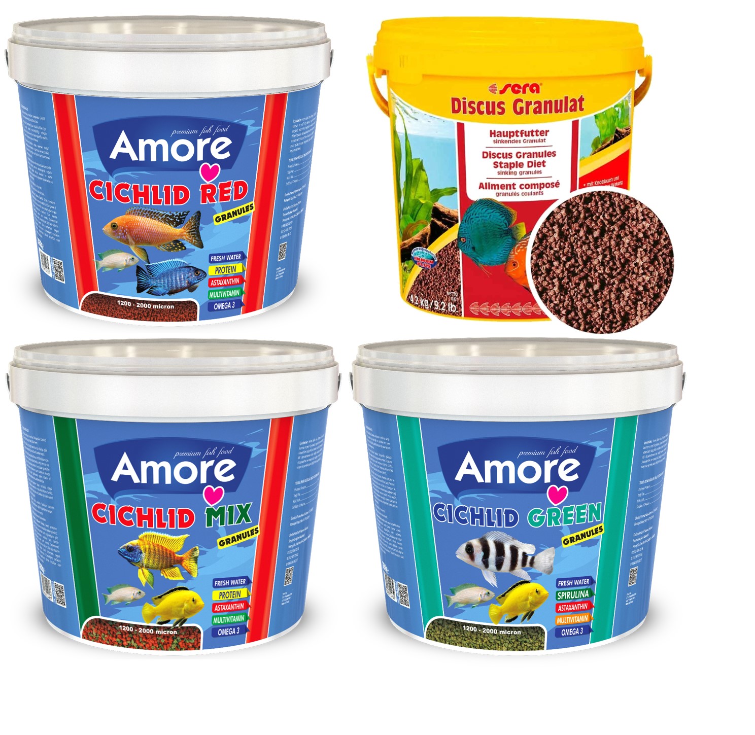 Amore Cichlid Red + Mix + Green Granules + Sera Discus 4x100Gr