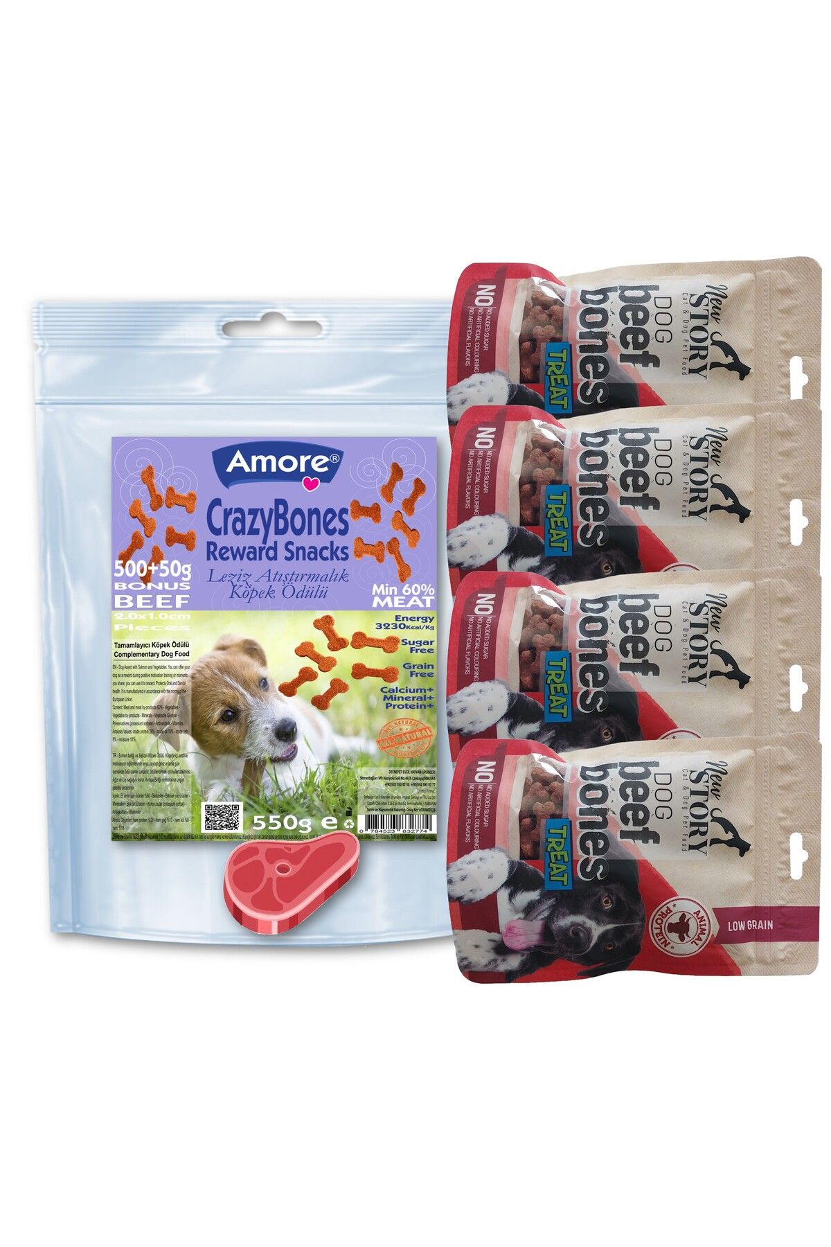 Amoredog Crazy Bones 550 Gr Sığır Etli Atıştırmalık Köpek ödül Maması, 2 X New Story Beef Bones 80gr