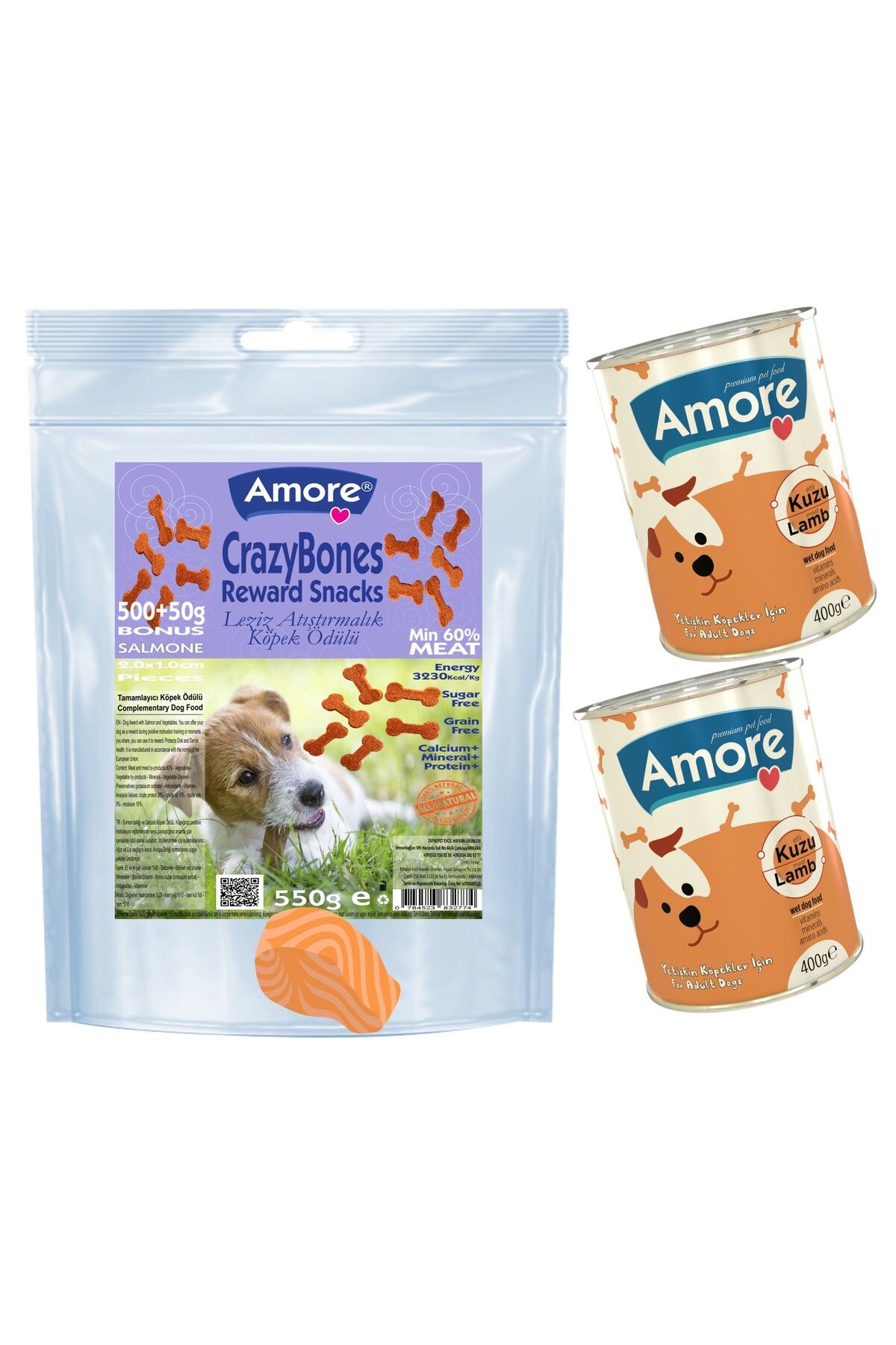 Amoredog Crazy Bones 550 Gr Somonlu Kopek Odul Mamasi Atistirmalik Tahilsiz Ve 2 Kuzu Parca Etli Konserve