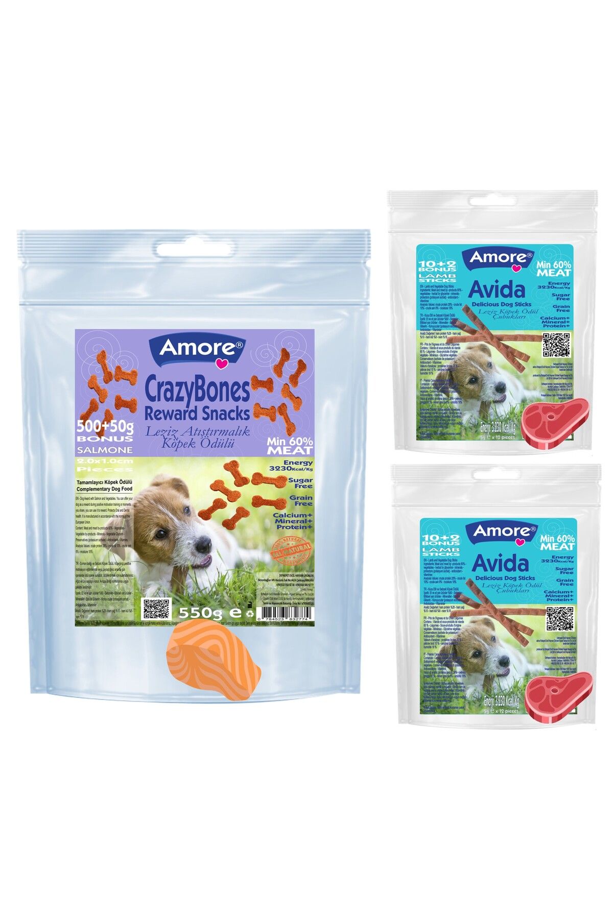 Amoredog Crazy Bones 550 Gr Somonlu Kopek Odul Mamasi Atistirmalik Tahilsiz Ve 2 X 12 Adet Avida Lamb Sticks