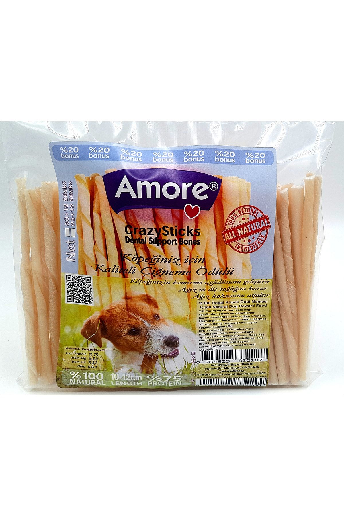 Amoredog Crazy Dog Sticks Kopek Cigneme Odul Cubuklari Natural 60+12 Adet Bonus Pack
