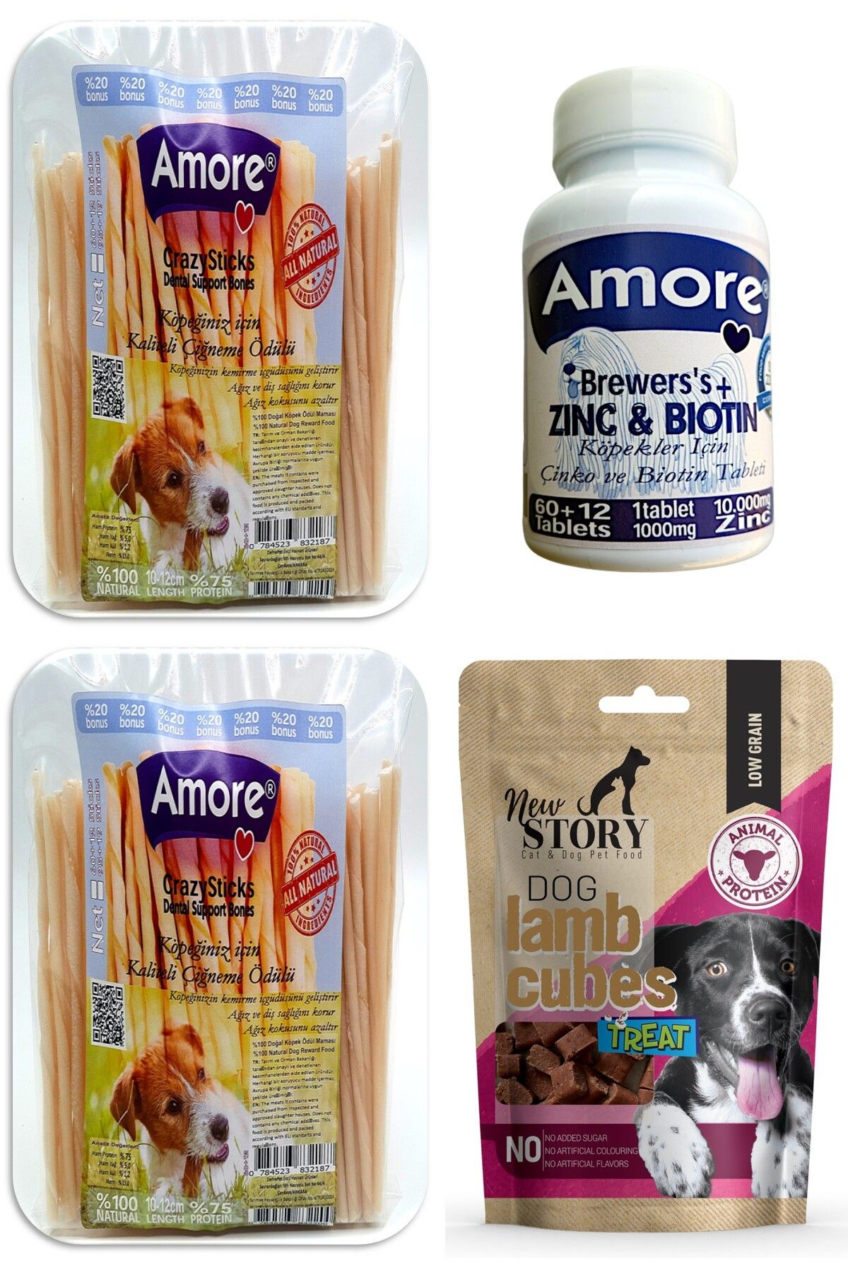 Amoredog Crazy-sticks 2x72li Burgu çubukları, 80gr Cubes Kuzu Etli Küp şekilli Yumuşacık Köpek ödülü, Biotin